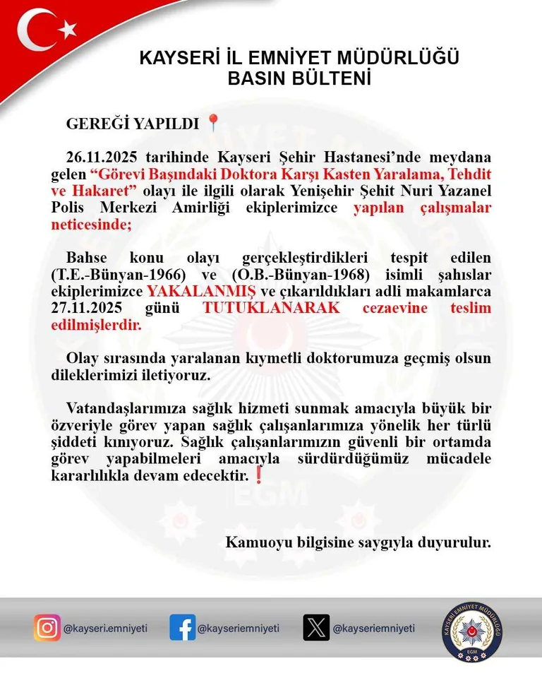 Kayseri Şehir Hastanesi’nde Doktora Saldırı: Bünyan Doğumlu İki Şüpheli Tutuklandı — haber görseli