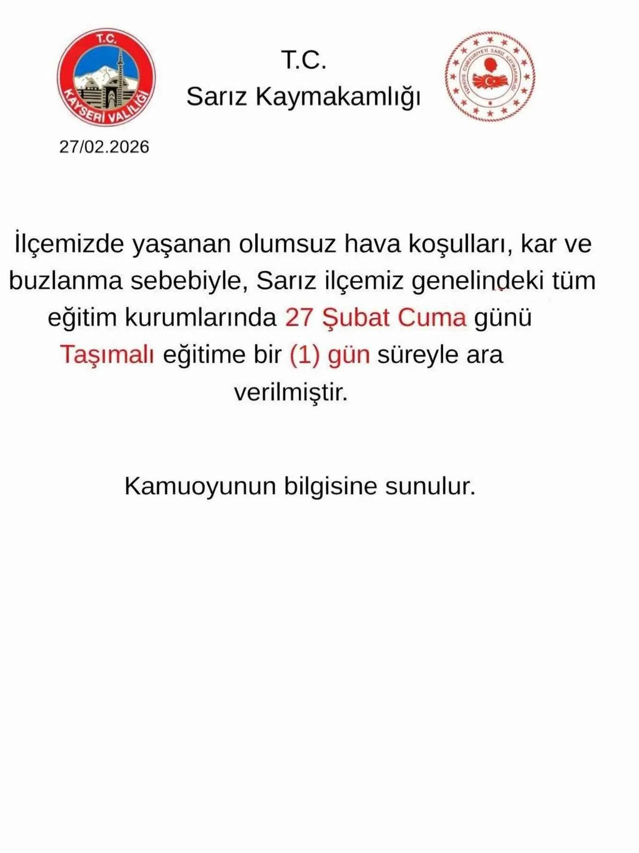 Sarız’da Taşımalı Eğitime Kar Engeli — haber görseli