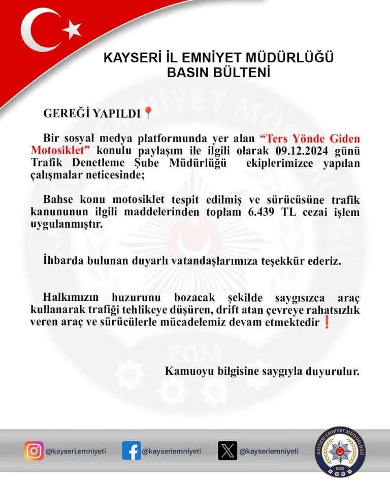 Ters Yönde Giden Motosiklet Tespit Edildi: Sürücüye 6.439 TL Ceza! — haber görseli