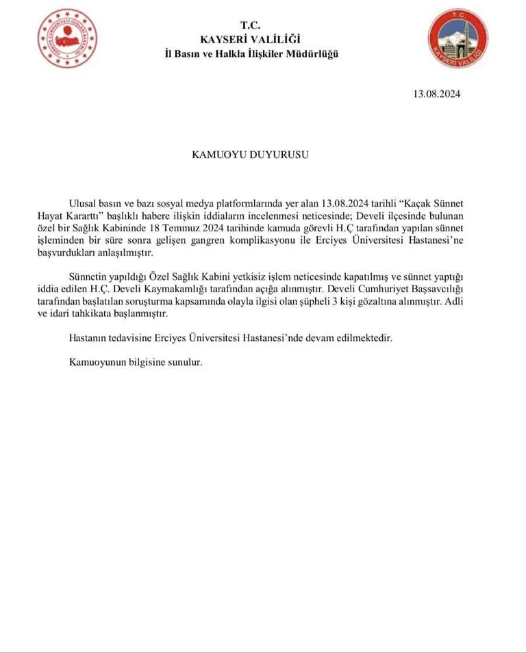Develi’de Sünnet Skandalı! Valilikten Açıklama: Sağlık Kabini Kapatıldı, Şüpheliler Gözaltında! — haber görseli