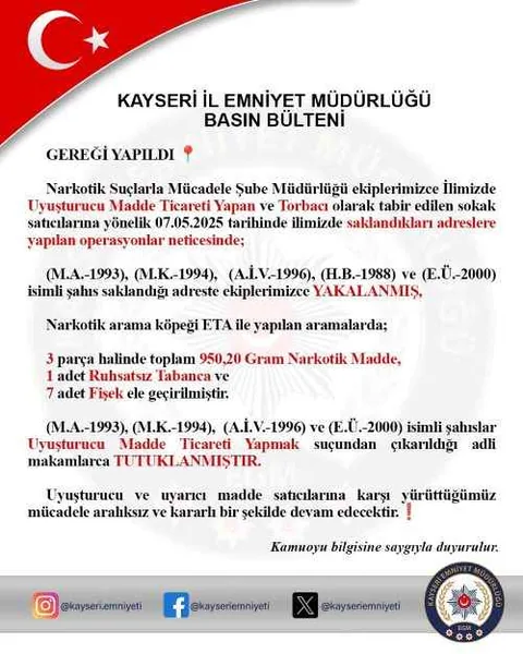 KAYSERİ’DE TORBACI OPERASYONU: 950 GRAM UYUŞTURUCU VE SİLAH ELE GEÇİRİLDİ! 4 Şahıs Tutuklandı — haber görseli
