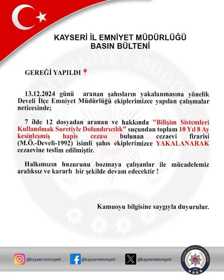 Kayseri'de Büyük Operasyon: 7 İlde Aranan Dolandırıcı Develi'de Yakalandı! — haber görseli