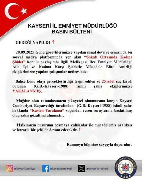 Kayseri’de 25 Suç Kaydı Bulunan Şahıs Sokak Ortasında Kadına Şiddetten Tutuklandı — haber görseli