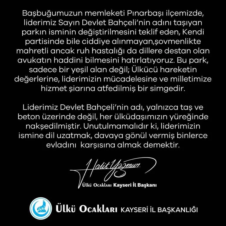"Devlet Bahçeli Parkı İçin İsim Değişikliği Teklifine Ülkü Ocakları'ndan Sert Cevap: Haddini Bil! — haber görseli