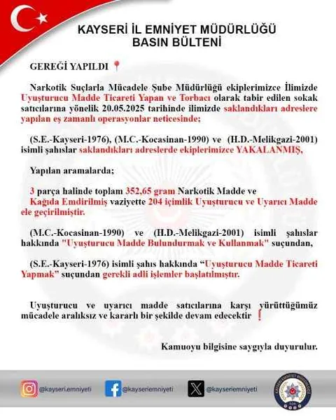 Kayseri’de Uyuşturucu Operasyonu: 3 Şüpheli Yakalandı — haber görseli