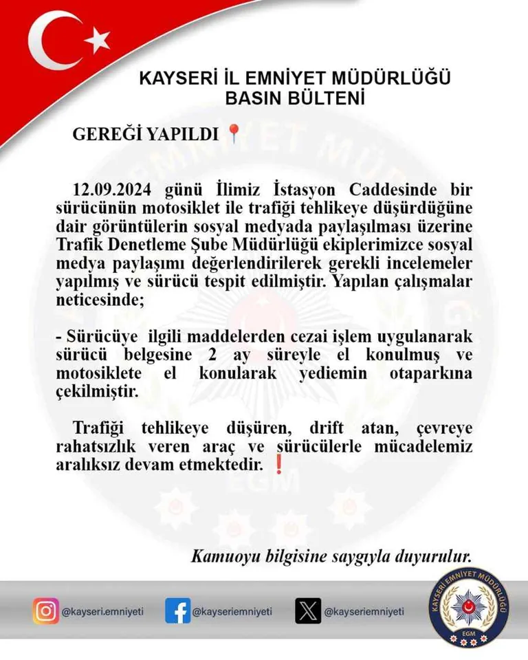 Kayseri'de Trafik Terörüne Geçit Yok! Trafiği Tehlikeye Atan Motosiklet Sürücüsüne Ceza Yağdı — haber görseli