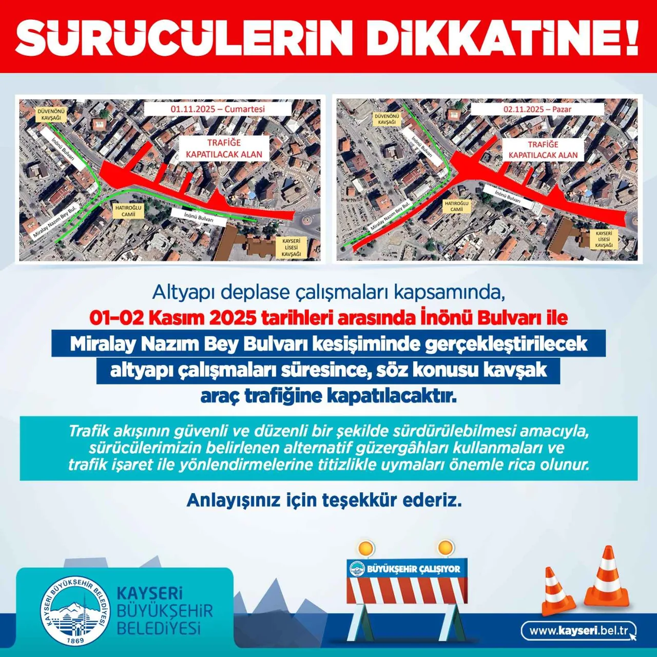 DİKKAT! İNÖNÜ – MİRALAY NAZIM BEY KAVŞAĞI 2 GÜN BOYUNCA KAPALI : İŞTE ALTERNATİF GÜZERGAHLAR — haber görseli