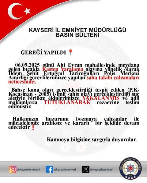 Ahi Evran’da Bıçaklı Saldırgan Yakalandı! 19 Yaşındaki P.K. Tutuklandı — haber görseli