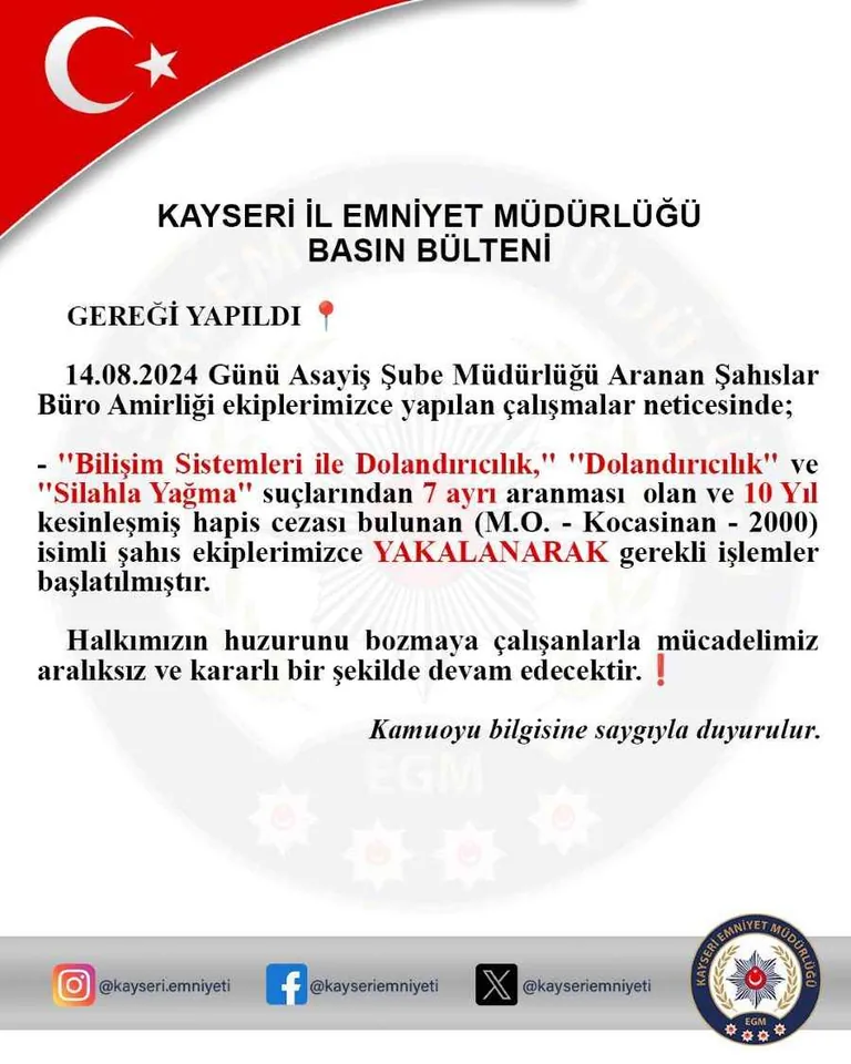 Silahla Yağma ve Dolandırıcılıktan Aranan Suç Makinesi, Kayseri'de Yakalandı — haber görseli