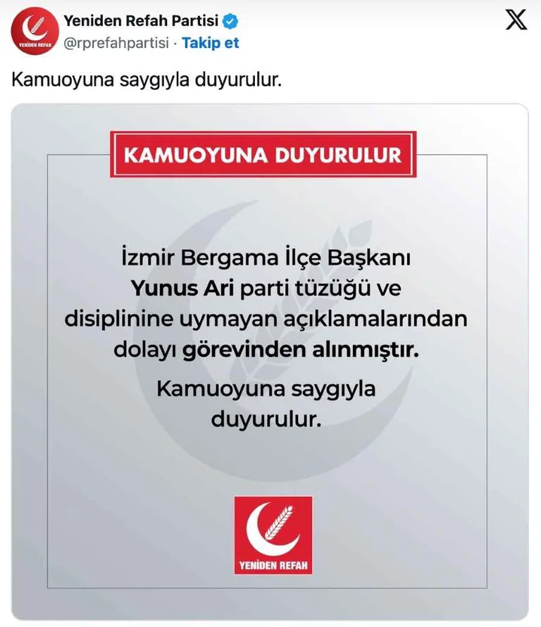 ŞERİAT İsteyen Yeniden Refah Partisi İlçe başkanı, görevden alındı — haber görseli