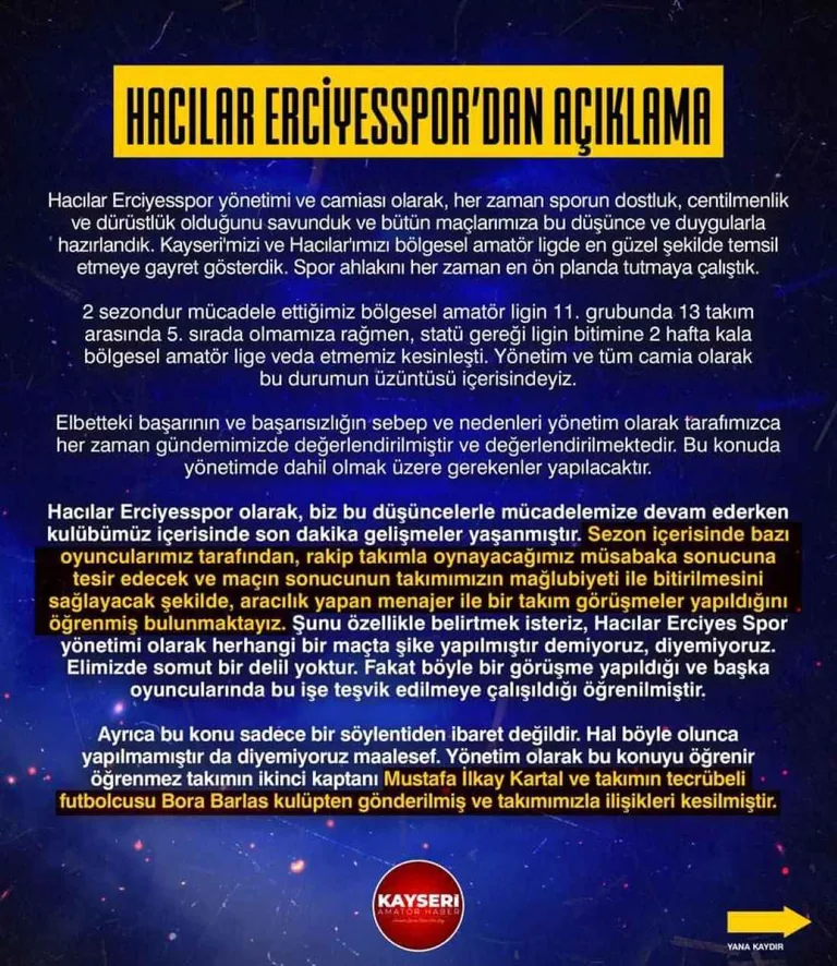 Hacılar Erciyesspor Yönetiminden Şok Eden Açıklama: Şike İddiası  — haber görseli