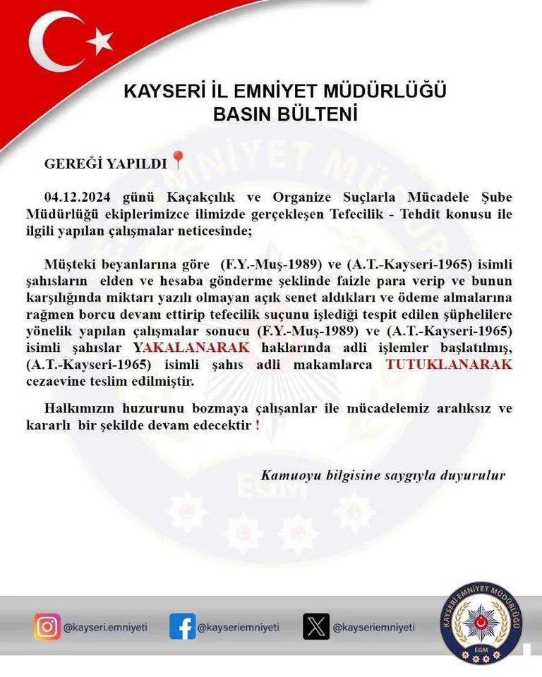 Kayseri’de Tefeci Avı: Halkı Borç Batağına Sürükleyen 2 Şahıs Kıskıvrak Yakalandı — haber görseli