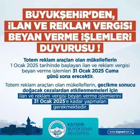 Büyükşehir’den Mükelleflere Önemli Hatırlatma! İlan ve Reklam Vergisi İçin Son Gün 31 Ocak 2025 — haber görseli