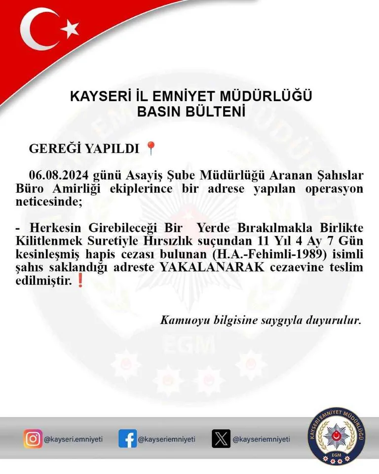 Hırsızlık Suçundan 11 Yıl Hapis Cezası Olan Firari, Saklandığı Adreste Yakalandı — haber görseli