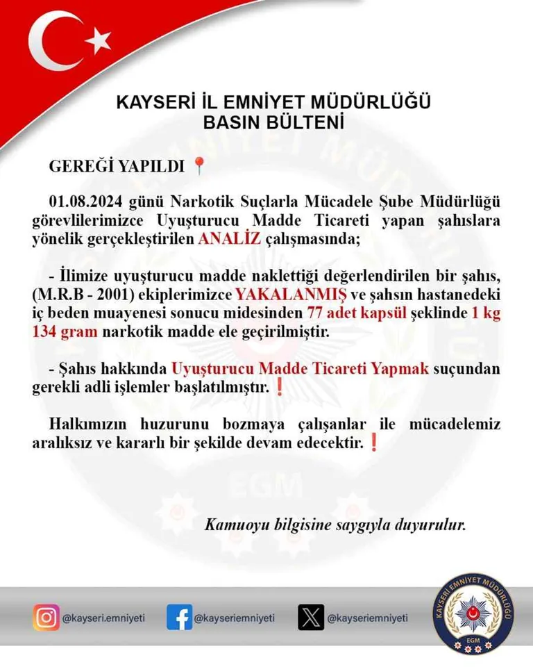 Kayseri'de Nefes Kesen Operasyon! 23 Yaşındaki Şahsın Midesinden 1 Kilo Uyuşturucu Çıktı — haber görseli
