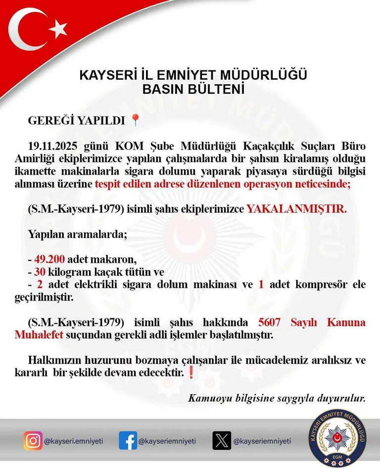 Son Dakika Kayseri.. KAÇAK SİGARA İMALATHANESİNE BASKIN! 49 BİN MAKARON ELE GEÇİRİLDİ — haber görseli