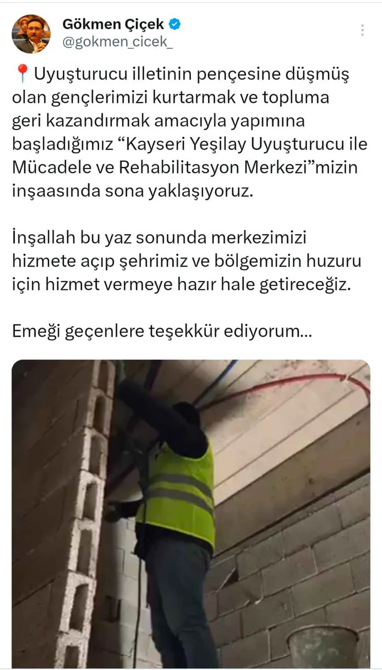 Vali Çiçek Sosyal Medyadan Duyurdu: Yeşilay Uyuşturucu ile Mücadele Rehabilitasyon Merkezi Bu Yaz Hizmete Açılıyor — haber görseli