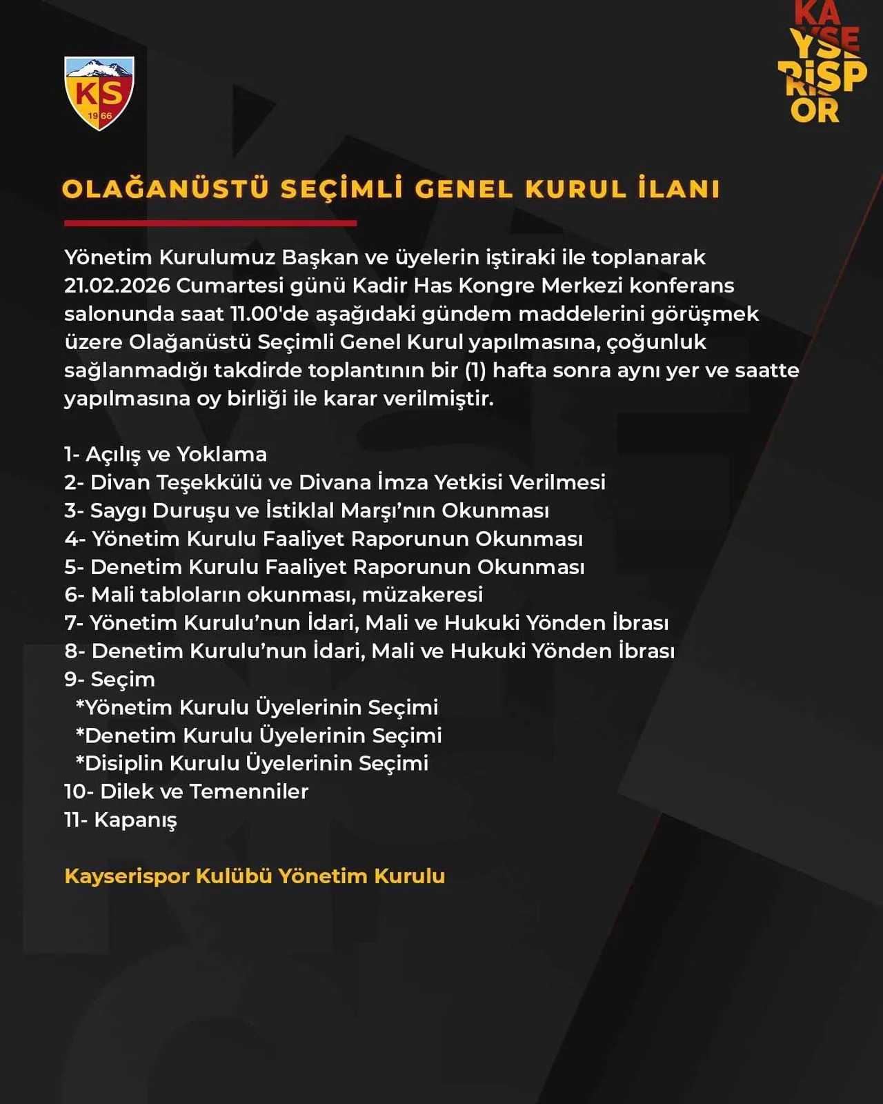 Kayserispor’da Olağanüstü Seçimli Genel Kurul 21 Şubat’ta — haber görseli