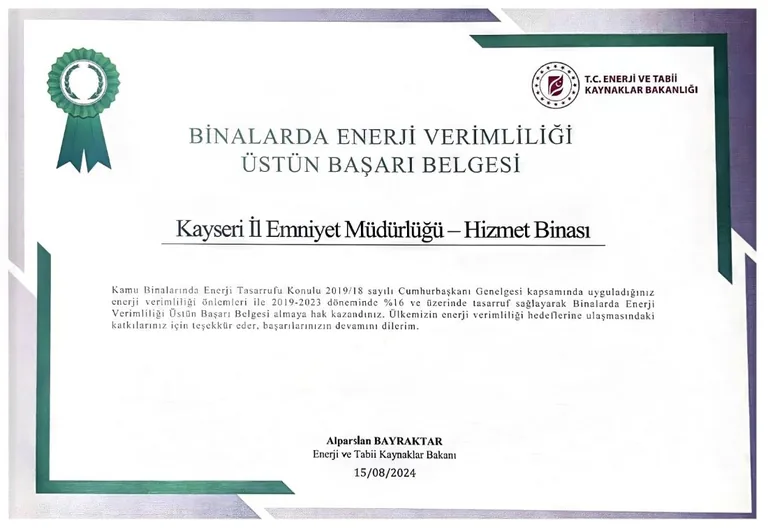 Kayseri İl Emniyet Müdürlüğü'ne Enerji ve Tabi Kaynaklar Bakanlığı'ndan Büyük Ödül! — haber görseli