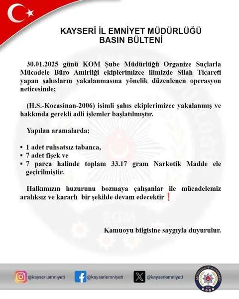 Kayseri'de KOM Ekiplerinden Suç Örgütüne Darbe: Silah Ticareti Yapan Şahıs Yakalandı — haber görseli