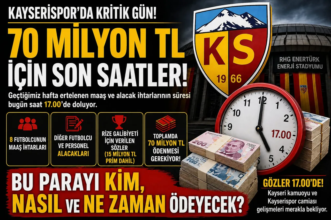 Kayserispor’da kritik gün: 70 milyon TL’lik ödeme için son saatler! BU PARAYI KİM NASIL NE ZAMAN ÖDEYECEK?  — haber görseli