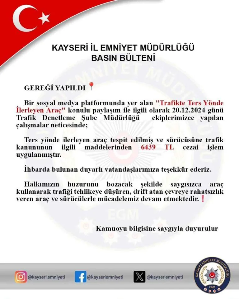 Kayseri'de Ters Yön Modası Devam Ediyor! Ters Yönde İlerleyenlere Özel Hızlandırılmış Ceza Tarifesi — haber görseli