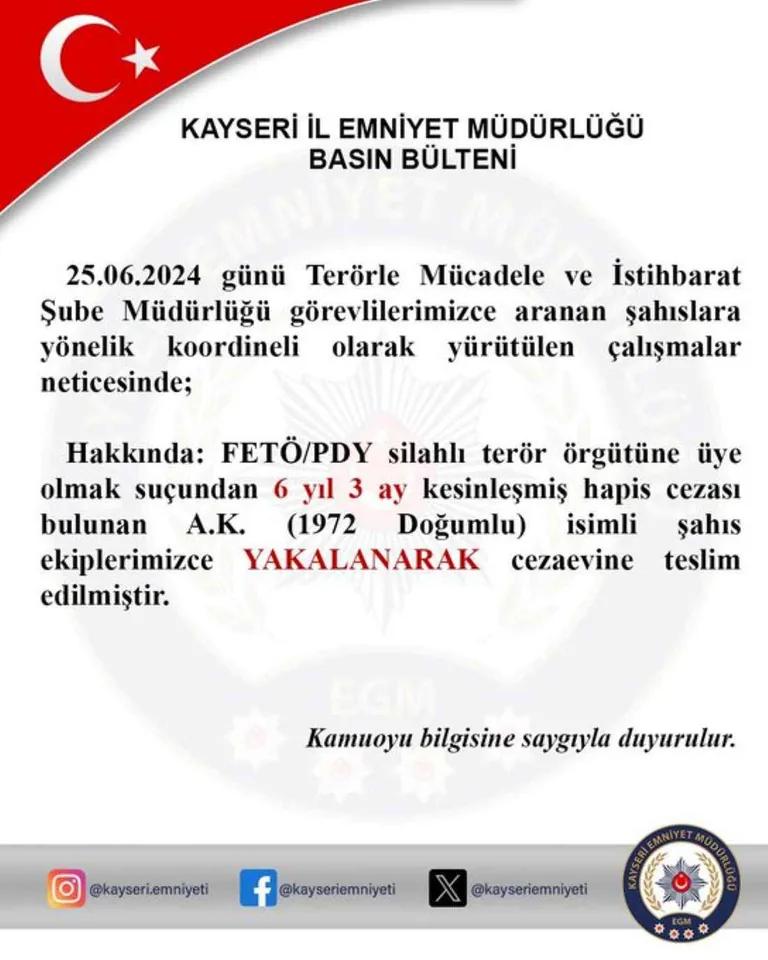 Kayseri'de firari FETÖ hükümlüsü yakalandı! — haber görseli