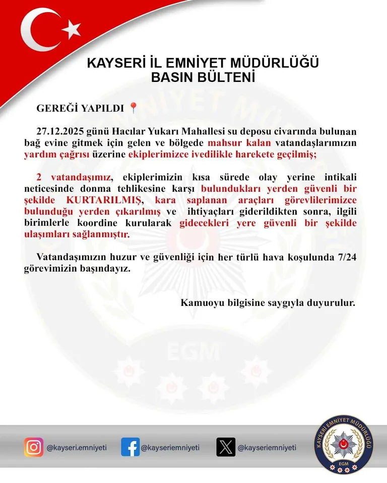 Kayseri Polisi Hacılar'da Mahsur Kalan 2 Kişiyi Kurtardı — haber görseli