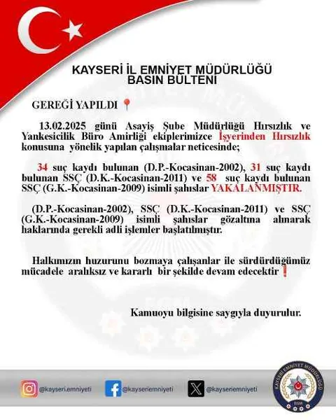 Kayseri Emniyetinden Hırsızlara Darbe: 123 Suç Kaydı Bulunan 3 Kişi Yakalandı! — haber görseli