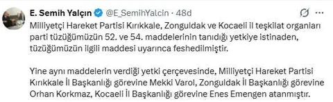Sondakika..  Semih Yalçın Duyurdu: MHP'nin Kırıkkale, Zonguldak ve Kocaeli il teşkilatları feshedildi — haber görseli