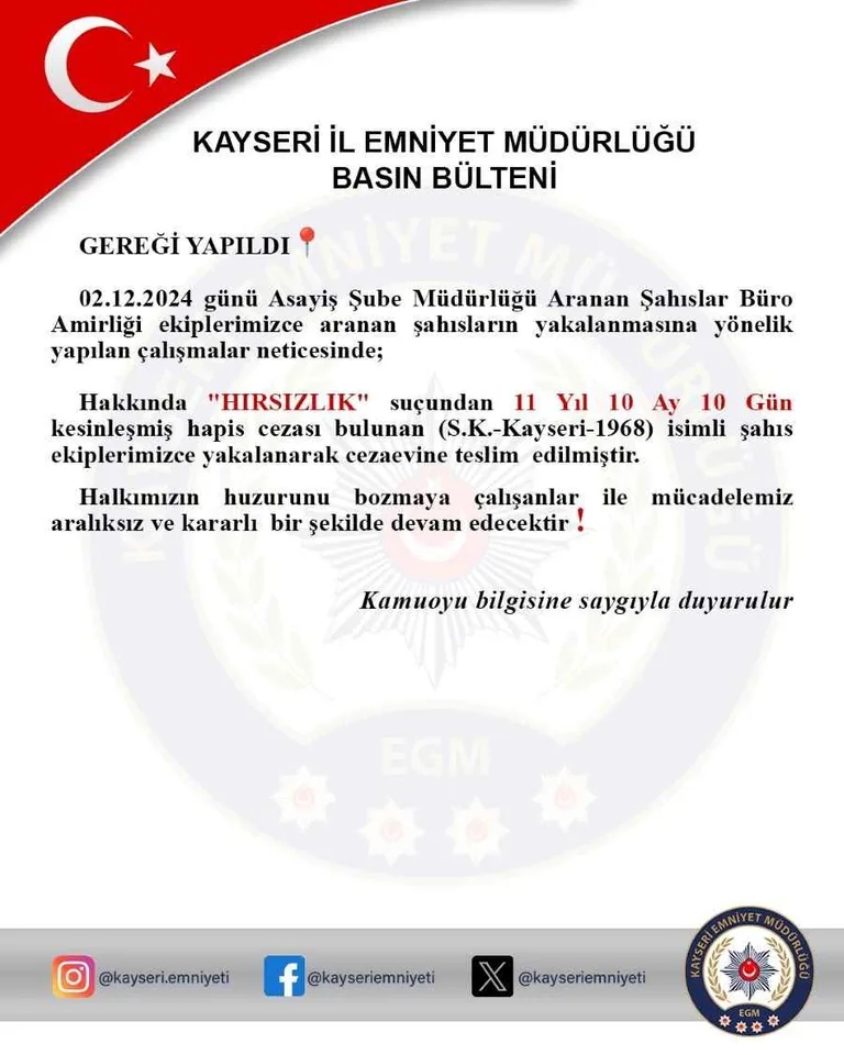 Kayseri’de 11 Yıl 10 Ay Hapis Cezası Bulunan Kadın Yakalandı — haber görseli