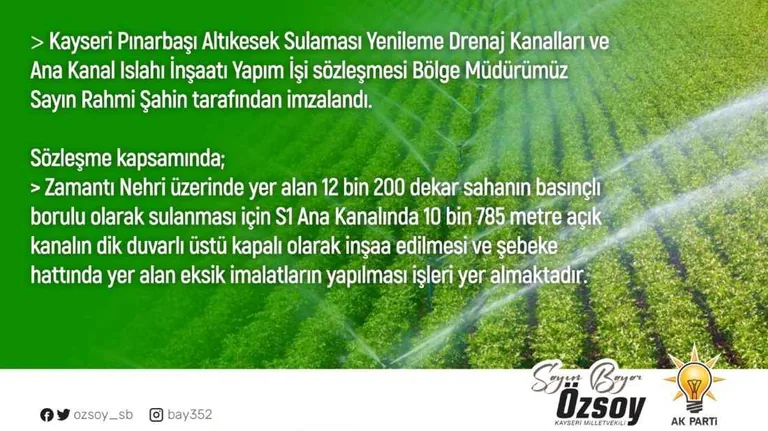 AK Parti Milletvekili Bayar Özsoy Duyurdu: Zamantı Nehri Üzerinde Sulama Projesi İmzalandı — haber görseli