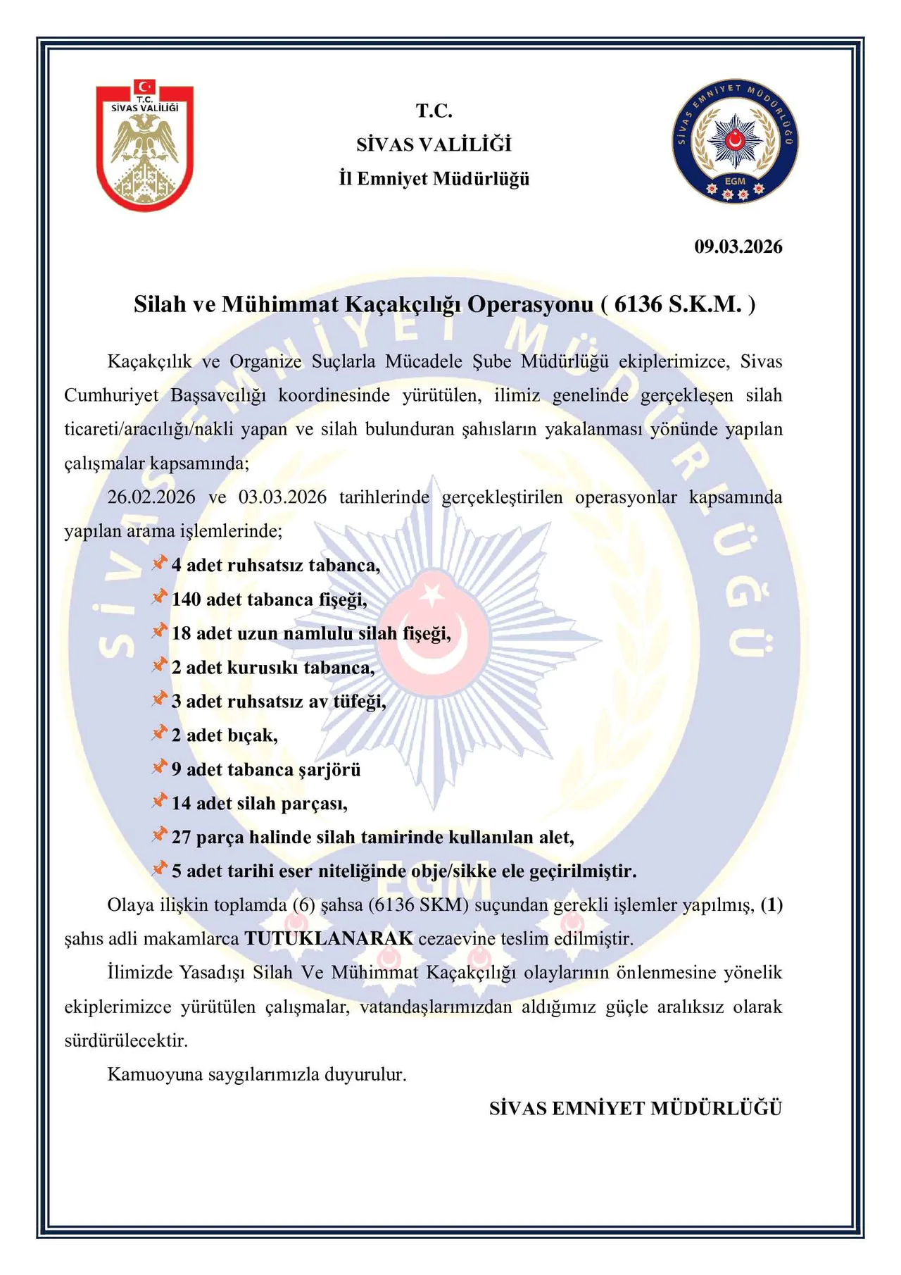Sivas’ta Silah ve Mühimmat Kaçakçılığı Operasyonu: 6 Gözaltı — haber görseli