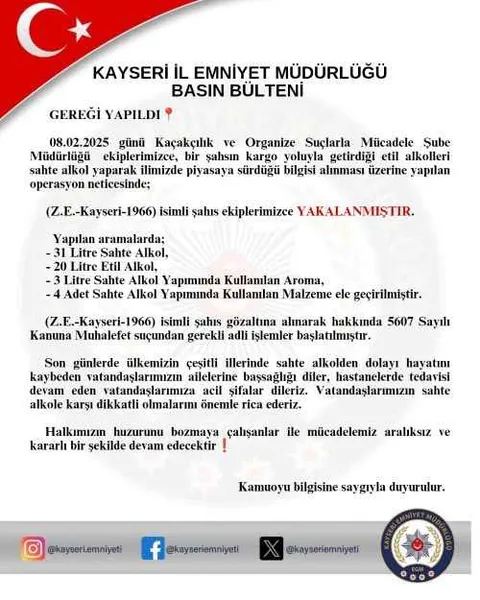 Sahte Alkol Üreticisi Kayseri’de Yakalandı: 31 Litre Sahte Alkol Ele Geçirildi — haber görseli
