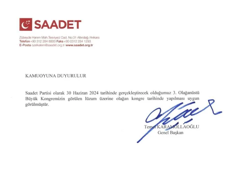 Saadet Partisi’nin kongre tarihi değişti — haber görseli