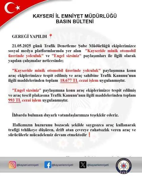  Trafiği tehlikeye atanlara geçit yok! Kayseri'de Otomobil Üzerinde Yolculuk Cezasız Kalmadı — haber görseli