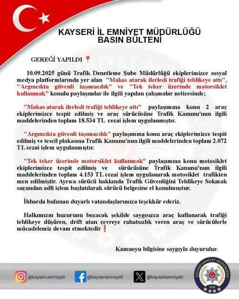 Kayseri’de sosyal medyada paylaşılan trafik kuralı İhlalleri tek tek tespit edildi — haber görseli