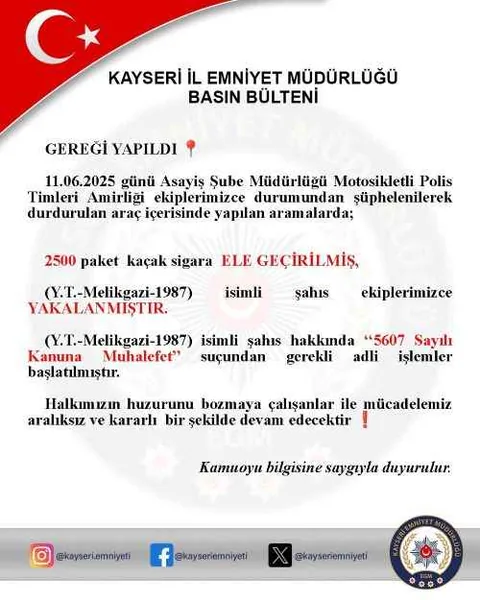 Kayseri'de Şüphe Üzerine Durdurulan Araçtan 2500 Adet Kaçak Sigara Bulundu — haber görseli