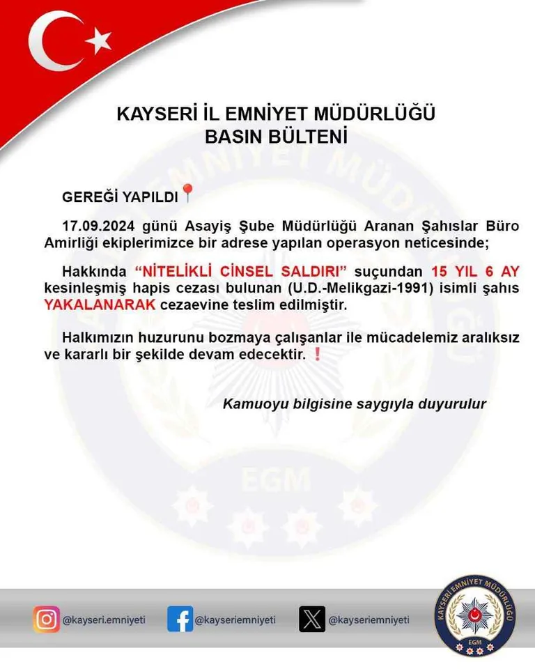 Aranan Cinsel Saldırı Suçlusu U.D. Kayseri Polisinin Operasyonuyla Yakalandı — haber görseli