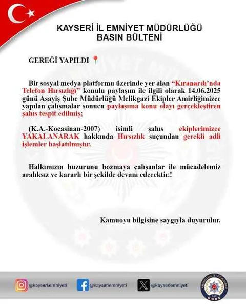 Sosyal Medyada Paylaşıldı, Polis Hemen Yakaladı! Kıranardı’ndaki Telefon Hırsızı Yakalandı — haber görseli