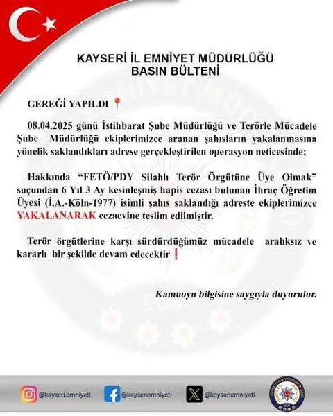 Kayseri’de FETÖ Operasyonu! İhraç Öğretim Üyesi, Saklandığı Adreste Yakalandı — haber görseli