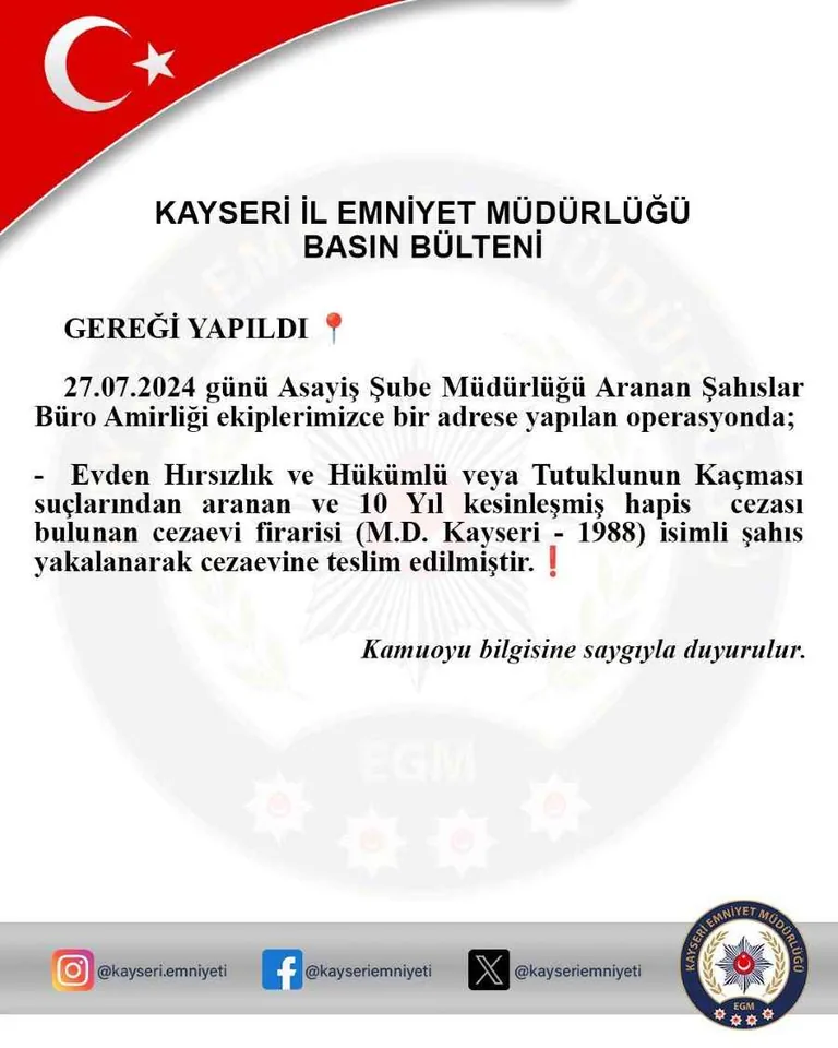 Kayseri'de Firari Hükümlü Yakalandı: 10 Yıl Kesinleşmiş Cezası Bulunan M.D. Cezaevinde — haber görseli
