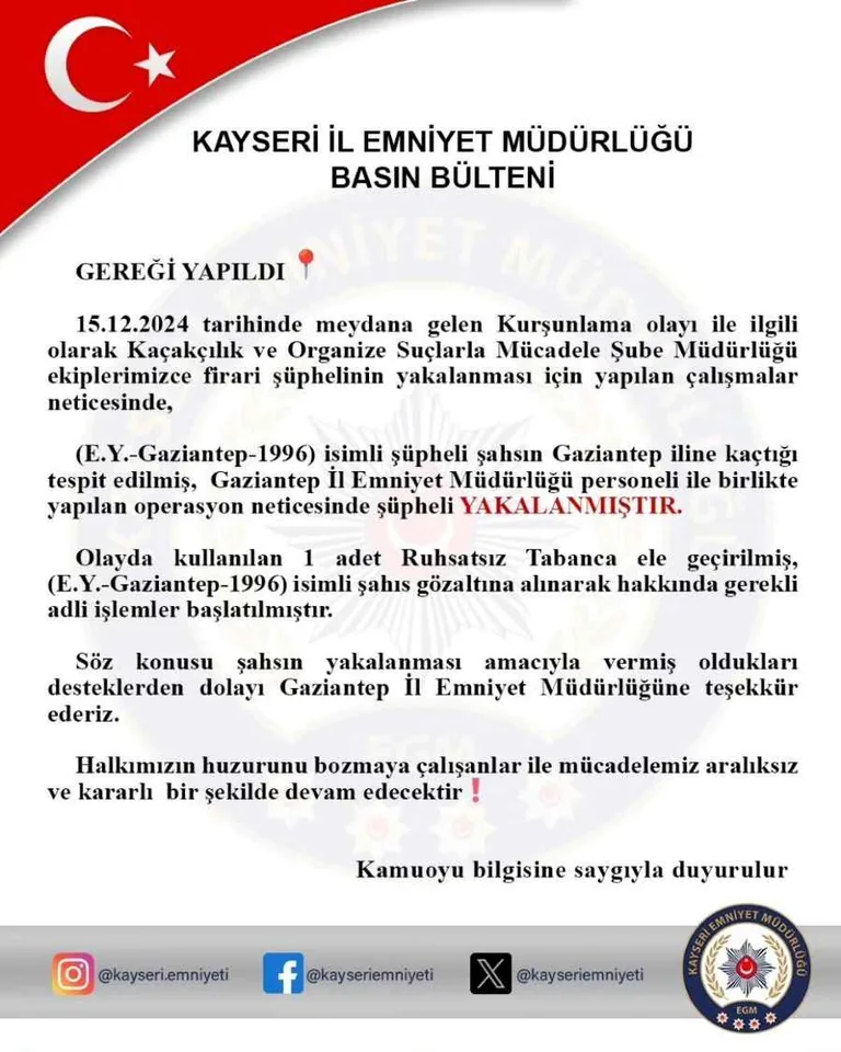 FİRAR MACERASI KISA SÜRDÜ! Kayseri'de Kurşunlama Olayı Firarisi Gaziantep'te Yakalandı — haber görseli