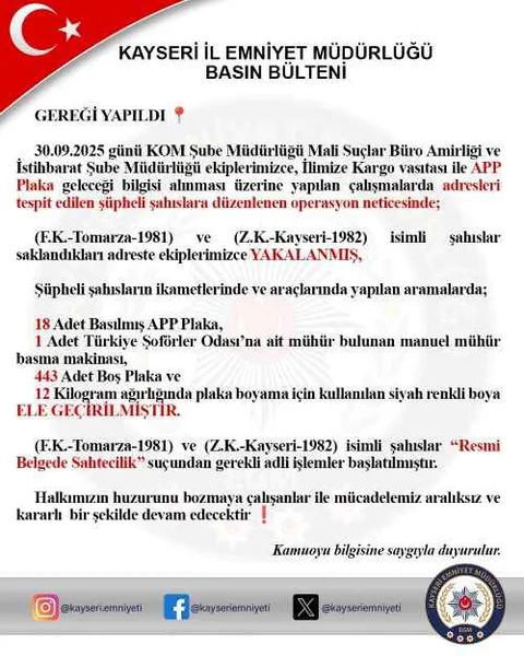 Kayseri’de Sahte Plaka Operasyonu! 18 APP Plaka, 443 Boş Plaka ve Mühür Ele Geçti! — haber görseli