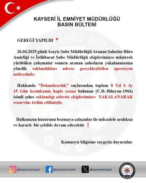 Kayseri'de Dolandırıcılık Suçundan Aranan Firari Yakalandı — haber görseli