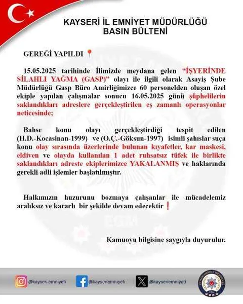  Maskeli Gaspçılar Kıskıvrak Yakalandı! Silahlı Gasp Yapan 2 Şüpheli Eş Zamanlı Operasyonla Yakalandı! — haber görseli