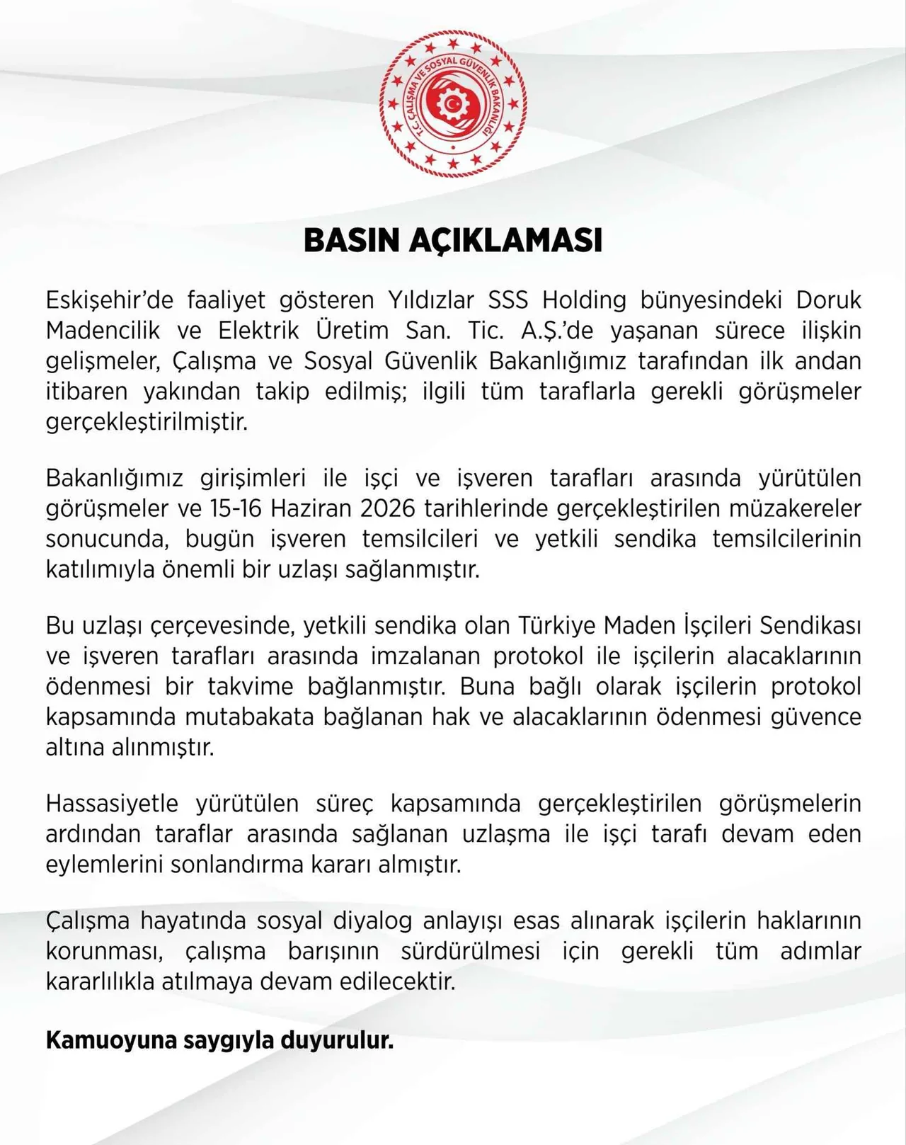 Bakanlık Açıkladı! Doruk Madencilik'le Anlaşma Sağlandı, İşçiler Eylemleri Sonlandırdı — haber görseli