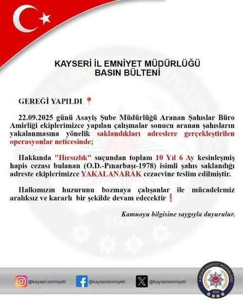 Kayseri’de 10 Yıl 6 Ay Hapis Cezası Bulunan Firari Hırsız Yakalandı — haber görseli