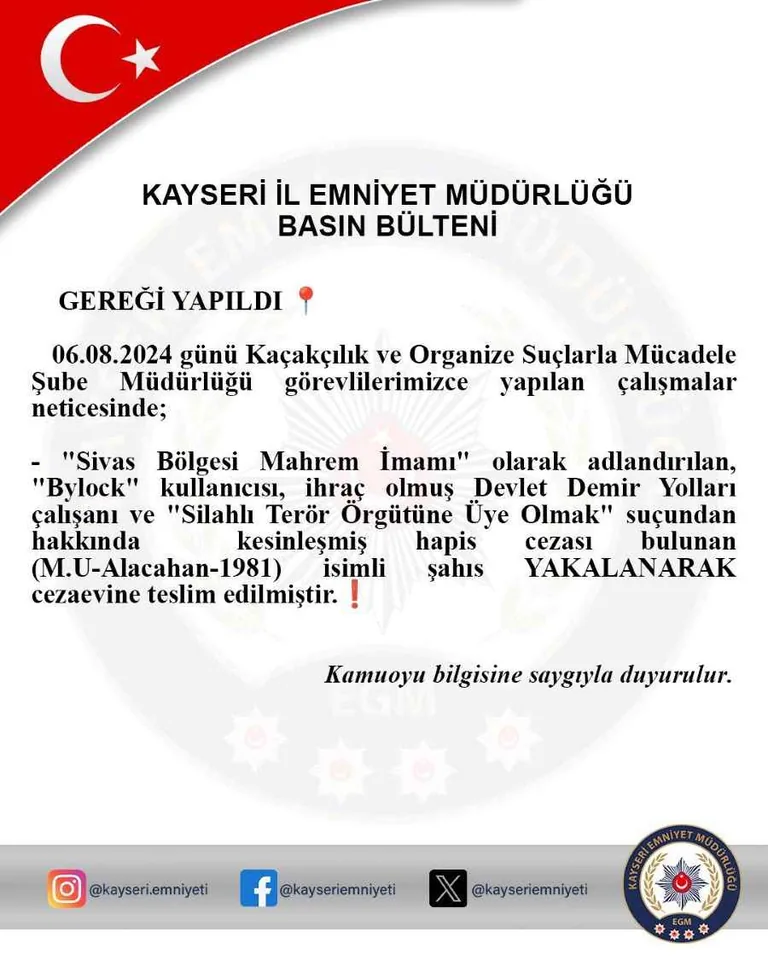 FETÖ Sivas Bölgesi Mahrem İmamı Kayseri'de Yakalandı — haber görseli