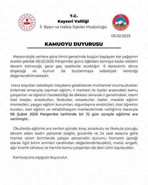 Kayseri'de Okullar Tatil Mi Oldu? Valilikten Açıklama — haber görseli